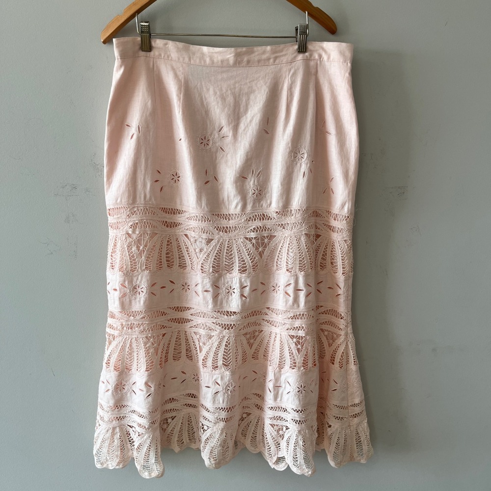 JSong Collection Eyelet Linen Midi Skirt Coastal Peach-Pink 14 Crochet Lace Trim